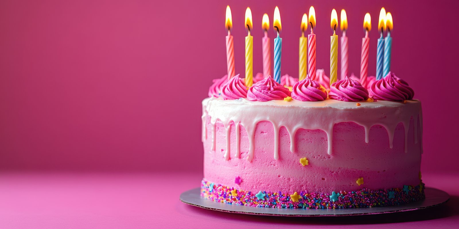 Birthday celebration cake with colorful candles and frosting against a pink background